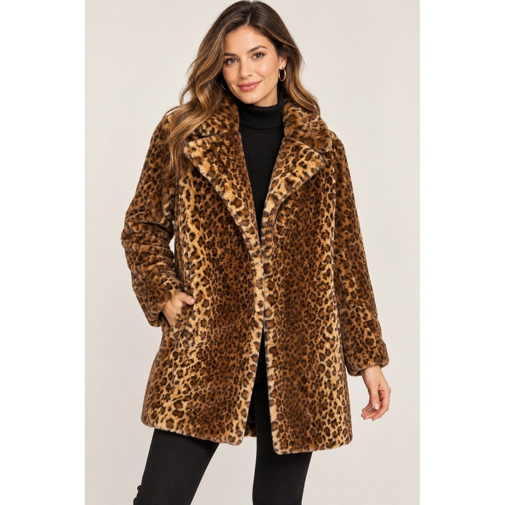 Kensie Faux Fur Leopard Print Coat Jacket  Glam Mob Wife Indie Sleaze XS NWOT